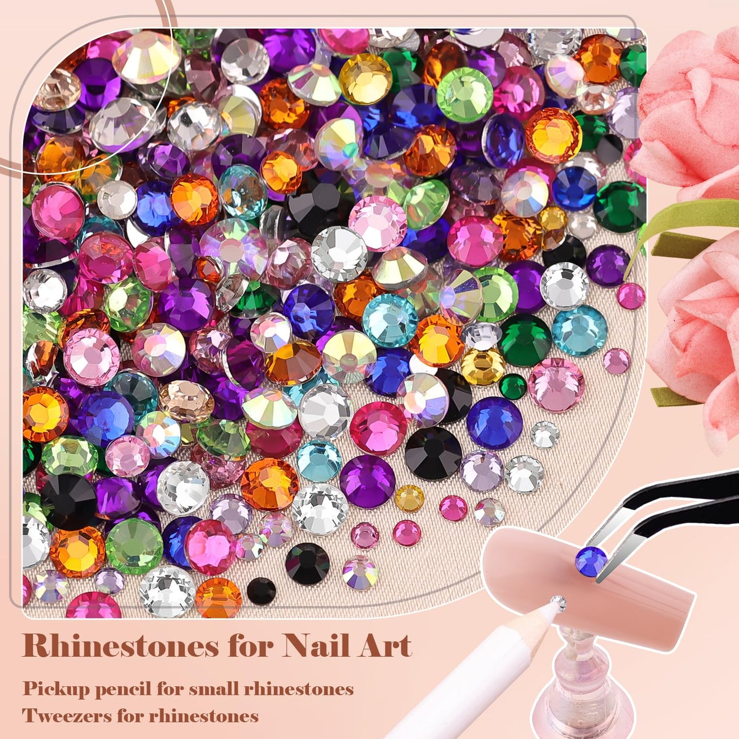 Nail Art Rhinestone Kit, 15Ml Rhinestone Gel Glue+Colorful Gems+Flatback Glass Crystal Ab&Clear Gemstones with Pickup Tools for Bedazzling Nail and Face Makeup